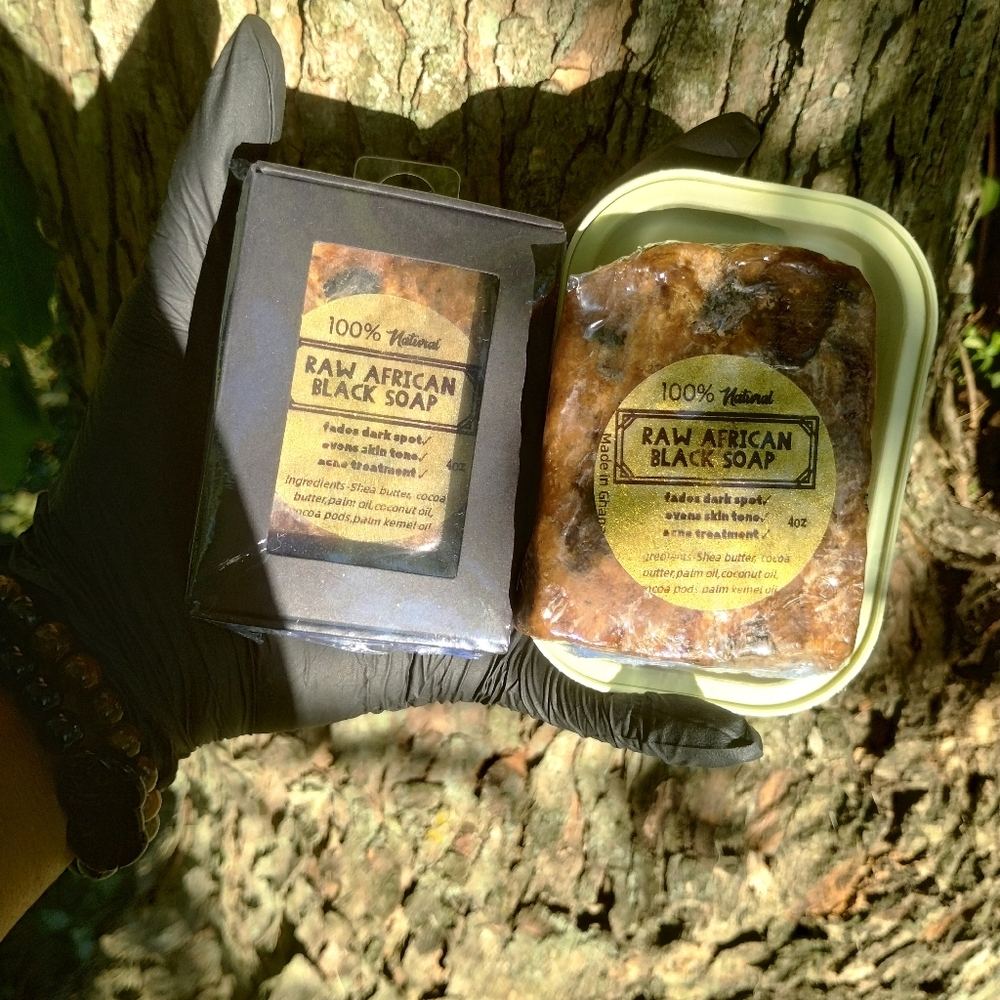 Two 4oz bars of  100% Raw African black Soap + FREE SOAP DISH